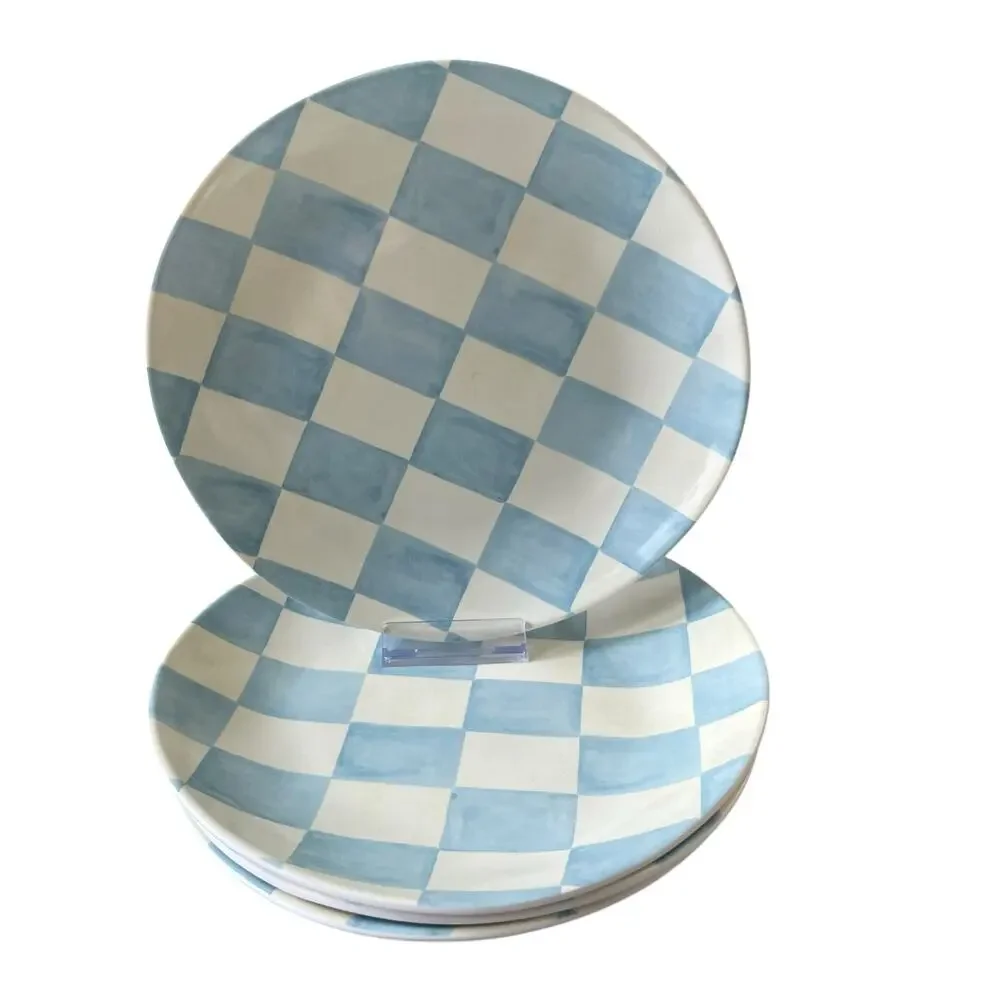Blue & White Checkered Melamine Appetizer Plates 6.5in Set of 4 Chic Spring NEW